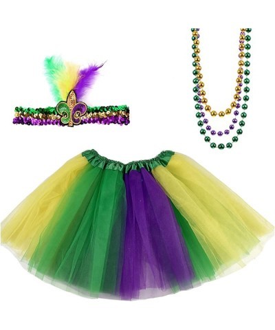 Women Mardi Gras Accessorie Outfit Adult St. Patrick's Day Party Costume Set with Tutu Headband Beads Necklace Three-color Tu...