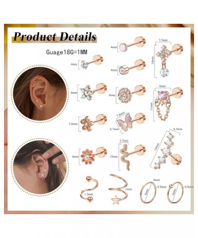 18PCS Cartilage Earring Stud for Women Surgical Steel Flat Back Earrings Couch Hoop Piercing Opal Flower Sanke Helix Tragus P...