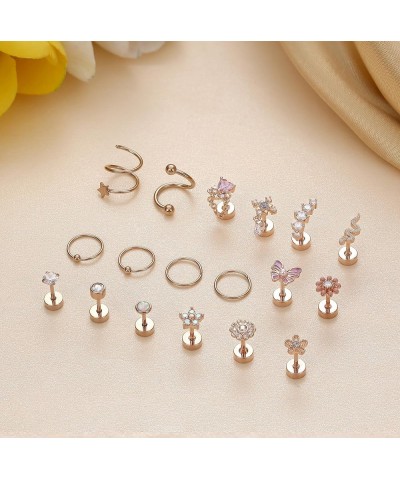 18PCS Cartilage Earring Stud for Women Surgical Steel Flat Back Earrings Couch Hoop Piercing Opal Flower Sanke Helix Tragus P...