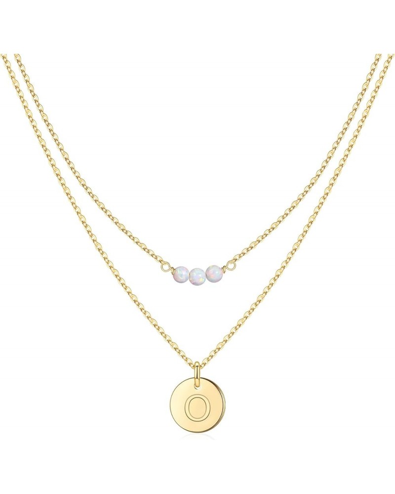 Layered Initial Necklaces for Women, 14K Solid Gold Over Opal Necklace Dainty Letter Necklce Round Disc Pendant Adjustable Ch...