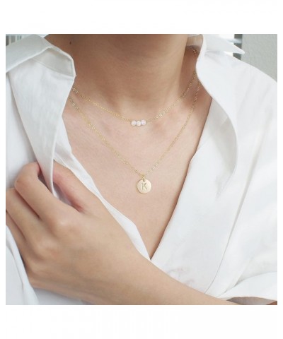 Layered Initial Necklaces for Women, 14K Solid Gold Over Opal Necklace Dainty Letter Necklce Round Disc Pendant Adjustable Ch...