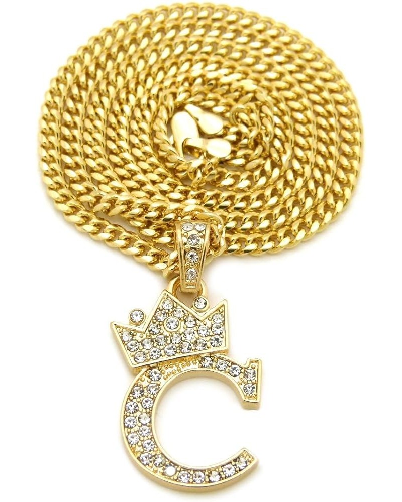 Unisex Small Pave Crowned Initial Alphabet Letter Pendant 3mm 24 inches Cuban Chain Necklace in Gold Silver Tone C - Gold Ton...