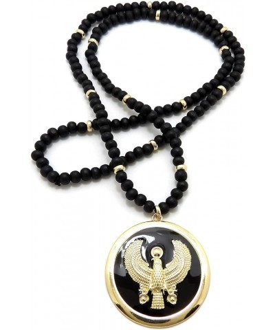 Egyptian Adinkra Cleopatra Falcon Round Medallion Pendant 6mm 18"/20"/24"/30" Wooden Bead Necklace in Gold Tone Gold - 30" Fa...