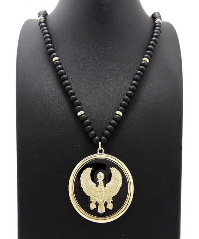 Egyptian Adinkra Cleopatra Falcon Round Medallion Pendant 6mm 18"/20"/24"/30" Wooden Bead Necklace in Gold Tone Gold - 30" Fa...