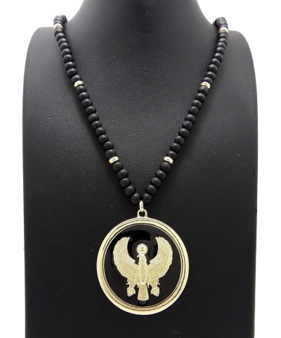 Egyptian Adinkra Cleopatra Falcon Round Medallion Pendant 6mm 18"/20"/24"/30" Wooden Bead Necklace in Gold Tone Gold - 30" Fa...