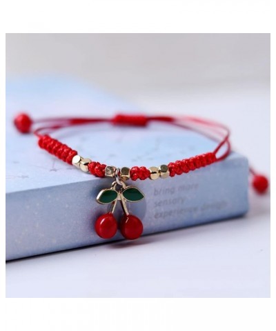 2Pcs Summer Fruit Strawberry Cherry Stretch String Bracelet Strawberry Cherry Beaded Charm Handmade Weave Red Rope Braided Ad...