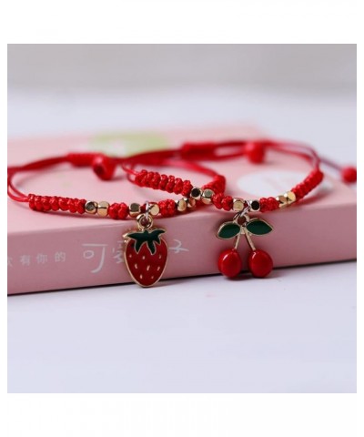 2Pcs Summer Fruit Strawberry Cherry Stretch String Bracelet Strawberry Cherry Beaded Charm Handmade Weave Red Rope Braided Ad...