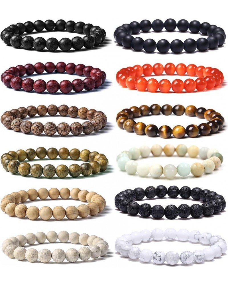 12Pcs Wooden Stone Bead Bracelet for Women Men Lava Rock Tiger Eye Semi-Precious Gemstone Healing Crystal Beaded Bracelet Set...