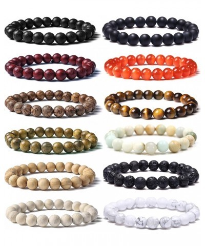 12Pcs Wooden Stone Bead Bracelet for Women Men Lava Rock Tiger Eye Semi-Precious Gemstone Healing Crystal Beaded Bracelet Set...