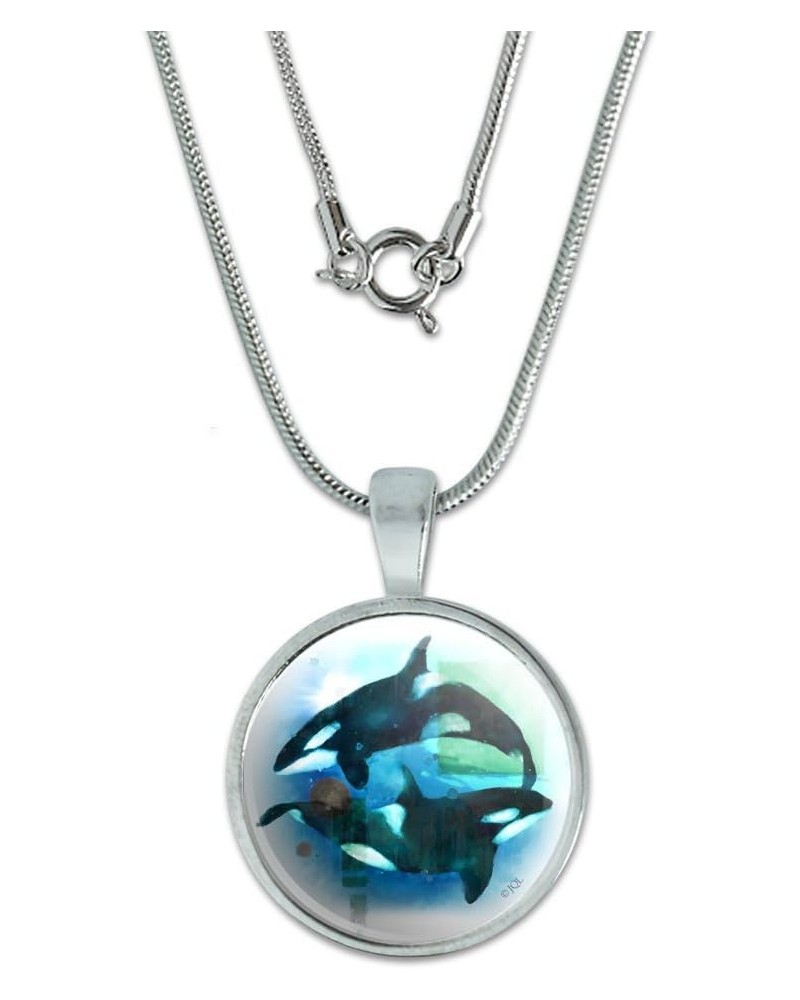 Orcas Killer Whales Watercolor Yin Yang 0.75" Pendant with Sterling Silver Plated Chain $8.09 Necklaces