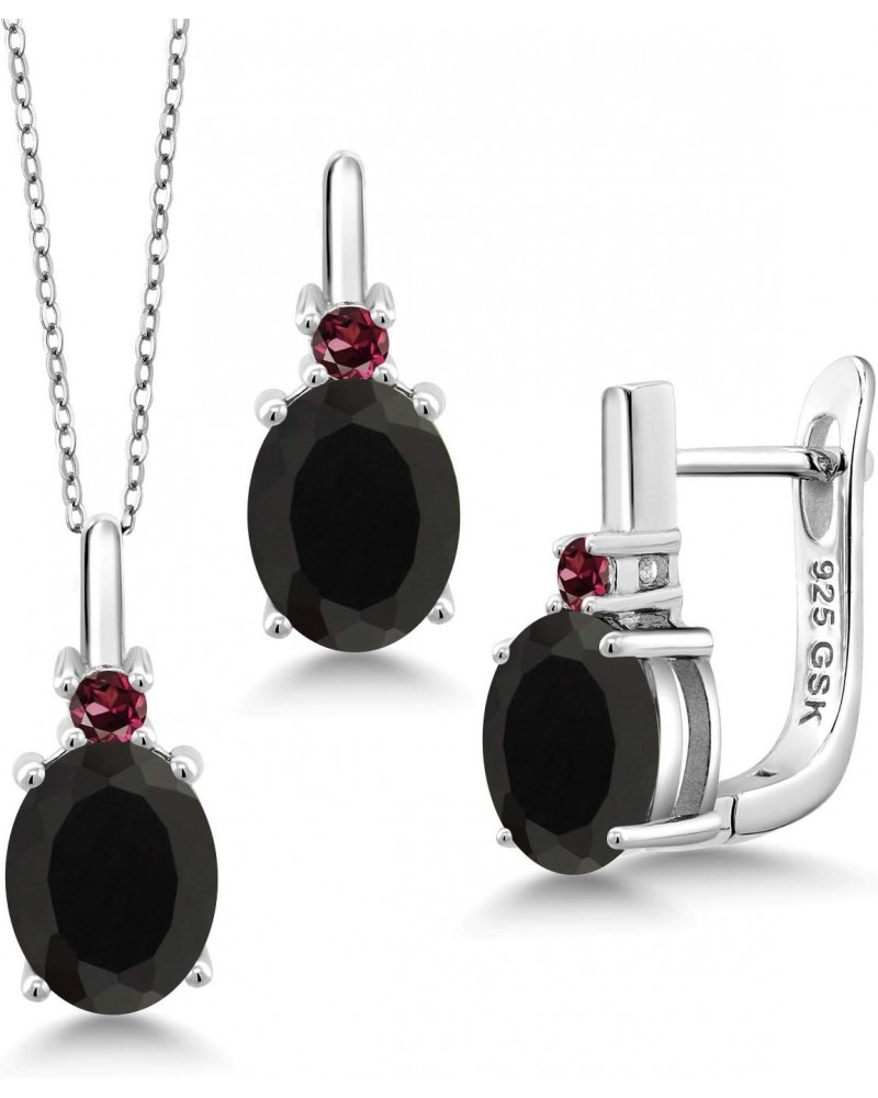 925 Sterling Silver Black Onyx and Red Rhodolite Garnet Pendant and Earrings Jewelry Set For Women (4.98 Cttw, Gemstone Birth...