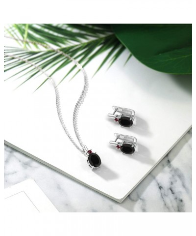 925 Sterling Silver Black Onyx and Red Rhodolite Garnet Pendant and Earrings Jewelry Set For Women (4.98 Cttw, Gemstone Birth...