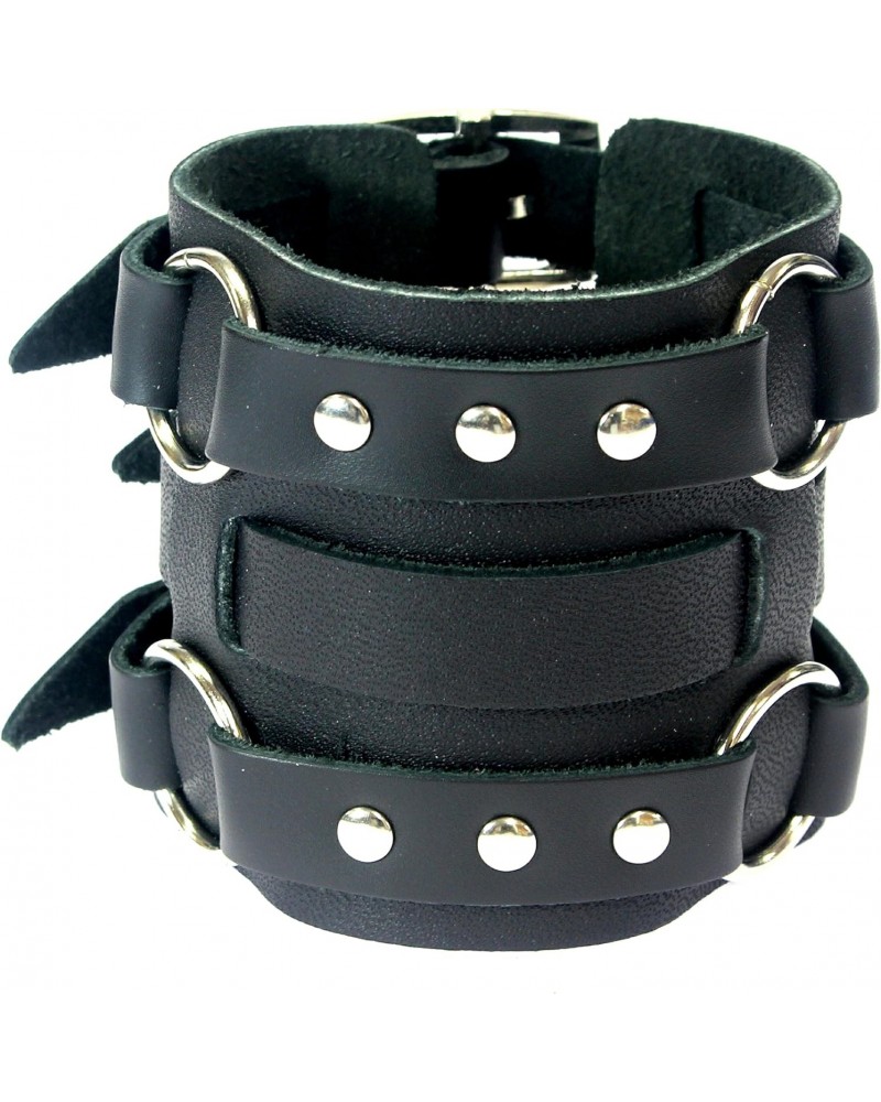 Wide Triple Strap Leather Cuff Wrap Gothic Wristband Bracelet With Buckle Fastening - BLACK LEATHER $8.25 Bracelets