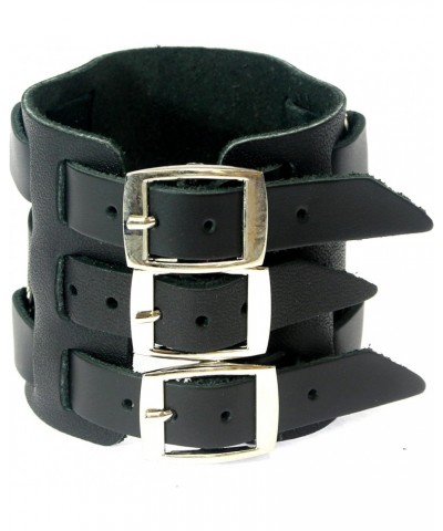 Wide Triple Strap Leather Cuff Wrap Gothic Wristband Bracelet With Buckle Fastening - BLACK LEATHER $8.25 Bracelets