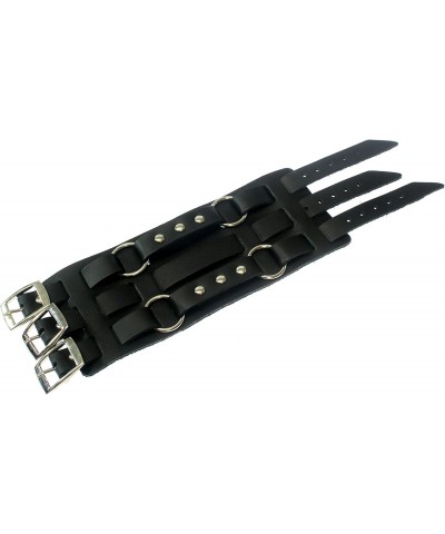 Wide Triple Strap Leather Cuff Wrap Gothic Wristband Bracelet With Buckle Fastening - BLACK LEATHER $8.25 Bracelets