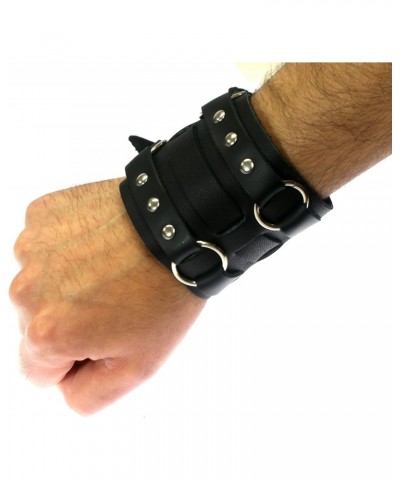 Wide Triple Strap Leather Cuff Wrap Gothic Wristband Bracelet With Buckle Fastening - BLACK LEATHER $8.25 Bracelets