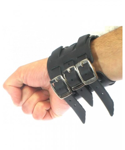 Wide Triple Strap Leather Cuff Wrap Gothic Wristband Bracelet With Buckle Fastening - BLACK LEATHER $8.25 Bracelets