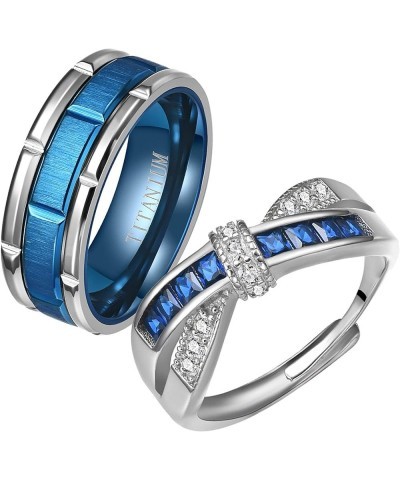 2 Rings Couple Rings Bridal Sets Silver Ring Blue Cz Womens Wedding Ring Titanium Steel Man Wedding Bands women's size 6 & me...