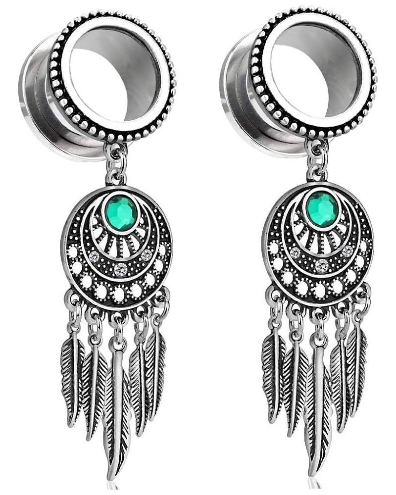 Stainless Steel Green CZ Crystal Dream Catcher Dangle Screw Fit Tunnel Plug Gauges, Sold As Pair 6mm (2GA) $10.17 Body Jewelry