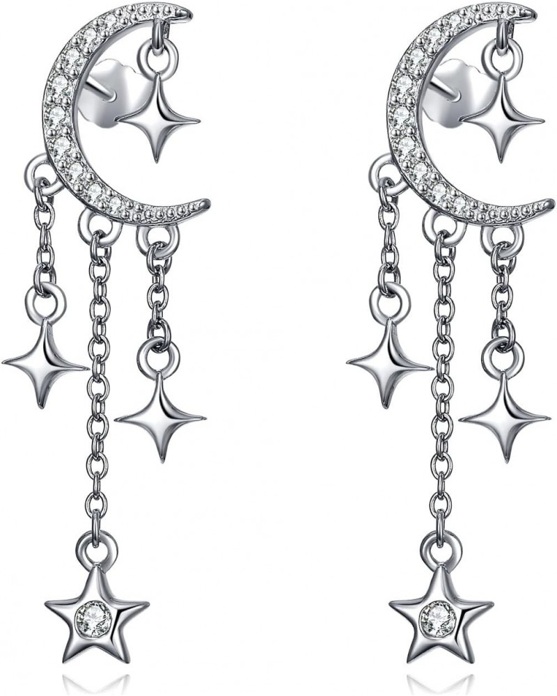 Moon Star Stud Earrings 925 Sterling Silver Crescent Moon Star Earrings with Sparkling CZ Moon Star Tassel EarringsEarrings $...