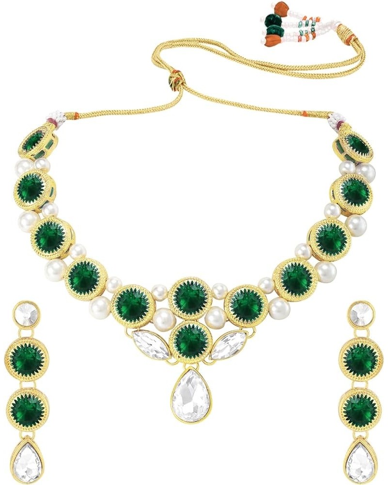 Faux Stone Studded Necklace Earrings Set Indian Traditional Wedding Jewelry For Women Girls Green & White-1 $12.52 Jewelry Sets