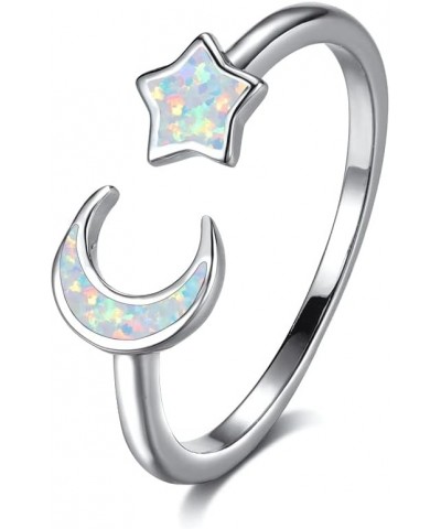 Opal Crescent Moon Star Open Adjustable Stacking Ring White Gold Plated Created Birthstone Love Endless Promise Wedding Finge...