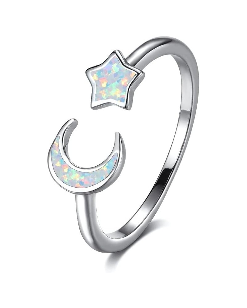 Opal Crescent Moon Star Open Adjustable Stacking Ring White Gold Plated Created Birthstone Love Endless Promise Wedding Finge...