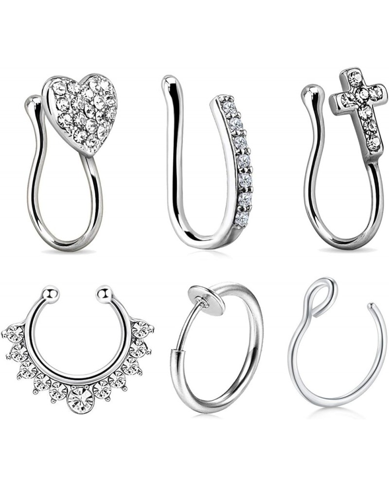 Fake Nose Rings Stainless Steel Inlaid CZ Faux Piercing Jewelry Fake Nose Ring Spring Clip on Circle Hoop No Pierced Septum N...