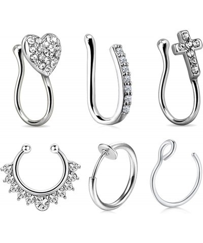 Fake Nose Rings Stainless Steel Inlaid CZ Faux Piercing Jewelry Fake Nose Ring Spring Clip on Circle Hoop No Pierced Septum N...