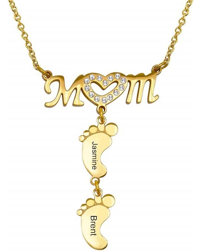 Personalized Name Engraved Cubic Zirconia Heart Mom and Baby Feet Pendant Mother Necklace 4 Feet Gold $18.22 Necklaces