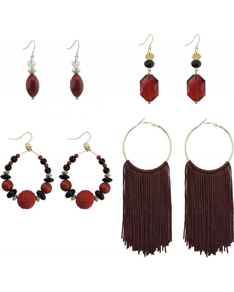 4 Pairs Earring Set for Women Olive Green Fringe Dangle Pendant Earrings/Hoop Beaded Earrings ES1001-wine $9.00 Earrings