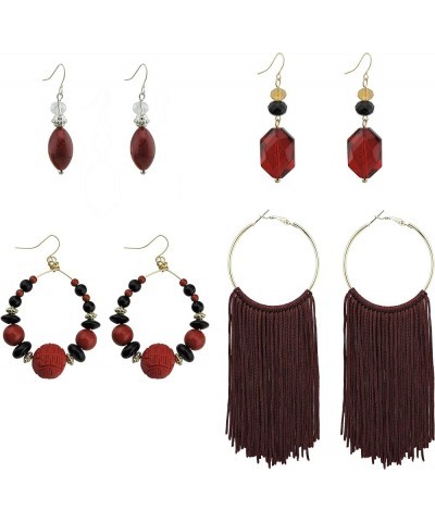 4 Pairs Earring Set for Women Olive Green Fringe Dangle Pendant Earrings/Hoop Beaded Earrings ES1001-wine $9.00 Earrings