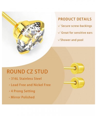 6 Pairs Stainless Steel Earrings For Women, Hypoallergenic Cubic Zirconia 18K Gold 316L Studs Earrings For Eultiple Pierced C...