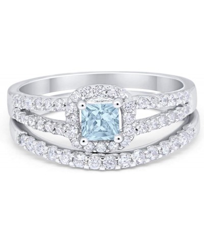 Halo Two Piece Wedding Engagement Band Ring Bridal Set Princess Cut Round CZ 925 Sterling Silver Simulated Aquamarine CZ $13....