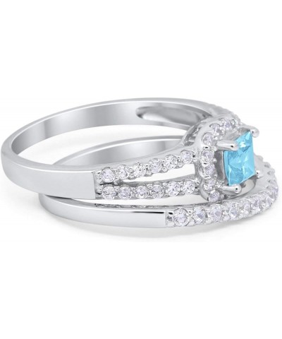 Halo Two Piece Wedding Engagement Band Ring Bridal Set Princess Cut Round CZ 925 Sterling Silver Simulated Aquamarine CZ $13....