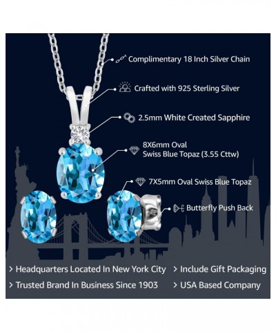 925 Sterling Silver Swiss Blue Topaz Pendant and Earrings Jewelry Set For Women (3.55 Cttw, Gemstone Birthstone, With 18 Inch...