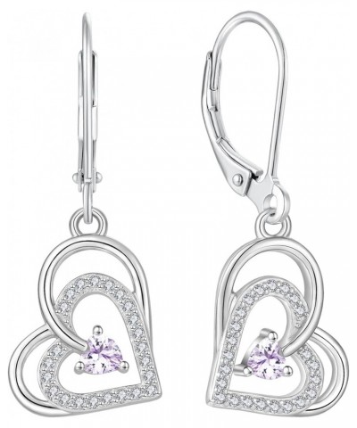 Heart Earrings 925 Sterling Silver Love Heart Dangle Earrings Birthstone Leverback Jewelry for Women 06-alexandrite-Jun $24.0...