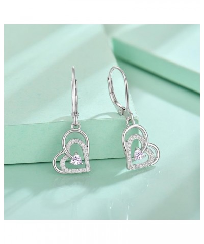 Heart Earrings 925 Sterling Silver Love Heart Dangle Earrings Birthstone Leverback Jewelry for Women 06-alexandrite-Jun $24.0...