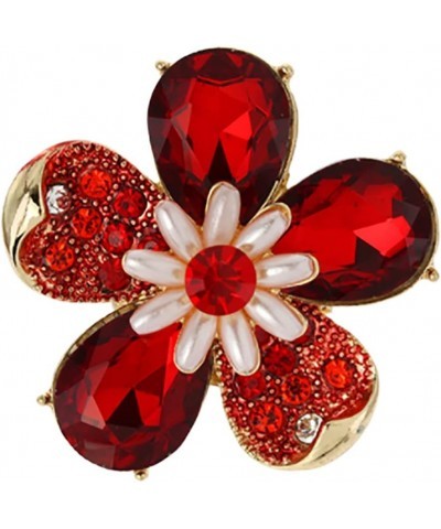 Women's Stunning Crystal Teardrop And Pave Petals With Simulated Pearl Statement Flower Stretch Cocktail Ring Red Crystal Gol...