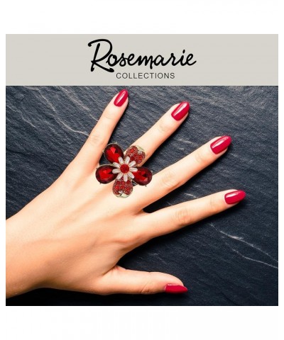 Women's Stunning Crystal Teardrop And Pave Petals With Simulated Pearl Statement Flower Stretch Cocktail Ring Red Crystal Gol...