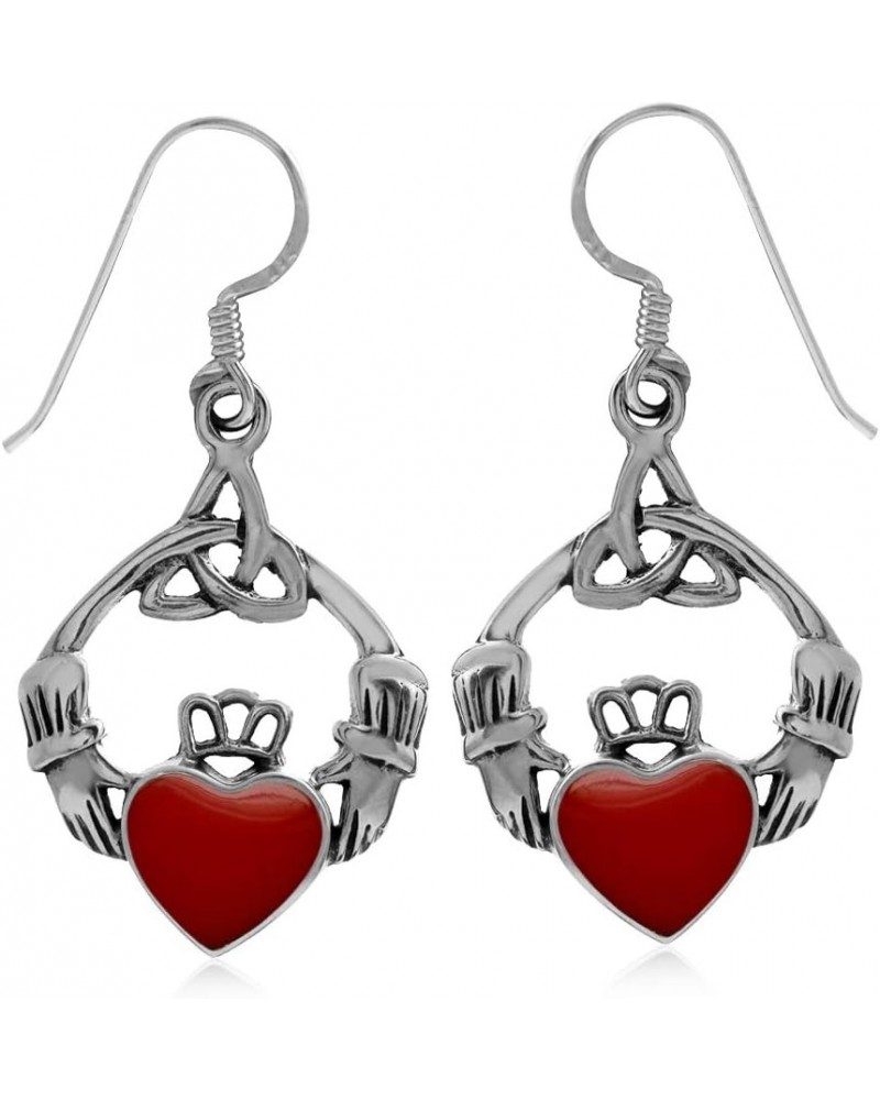 Triquetra Celtic Knot Claddagh 925 Sterling Silver Dangle Hook Earrings created red coral $13.27 Earrings